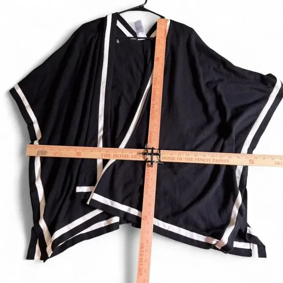 Chico's L/XL Black White Striped Open Front Poncho Cardigan Cashmere Blend Wrap - Picture 8 of 8